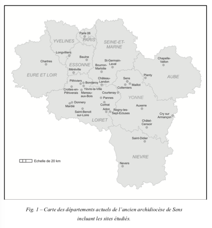Fig.1 Carte des départements actuels de l’ancien archidiocèse de Sens incluant les sites étudiés