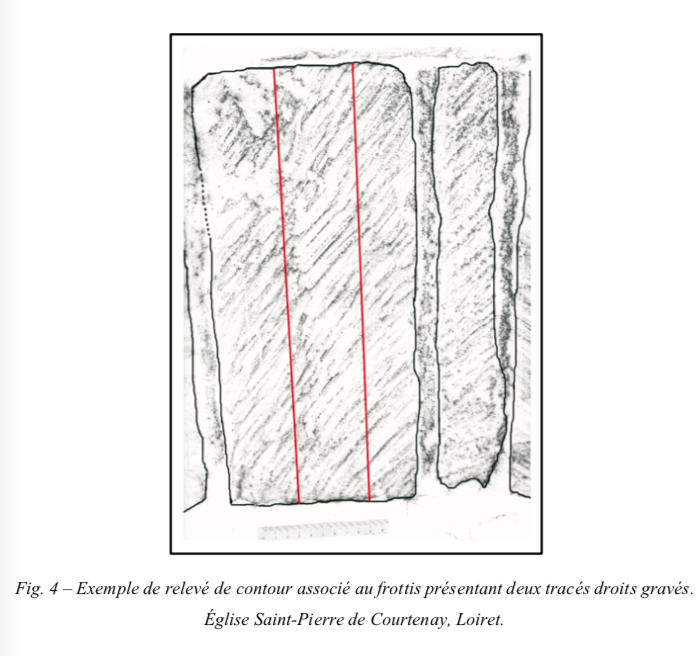 Fig.4 Exemple de relevé de contour associé au frottis présentant deux tracés droits gravés. Église Saint-Pierre de Courtenay, Loiret